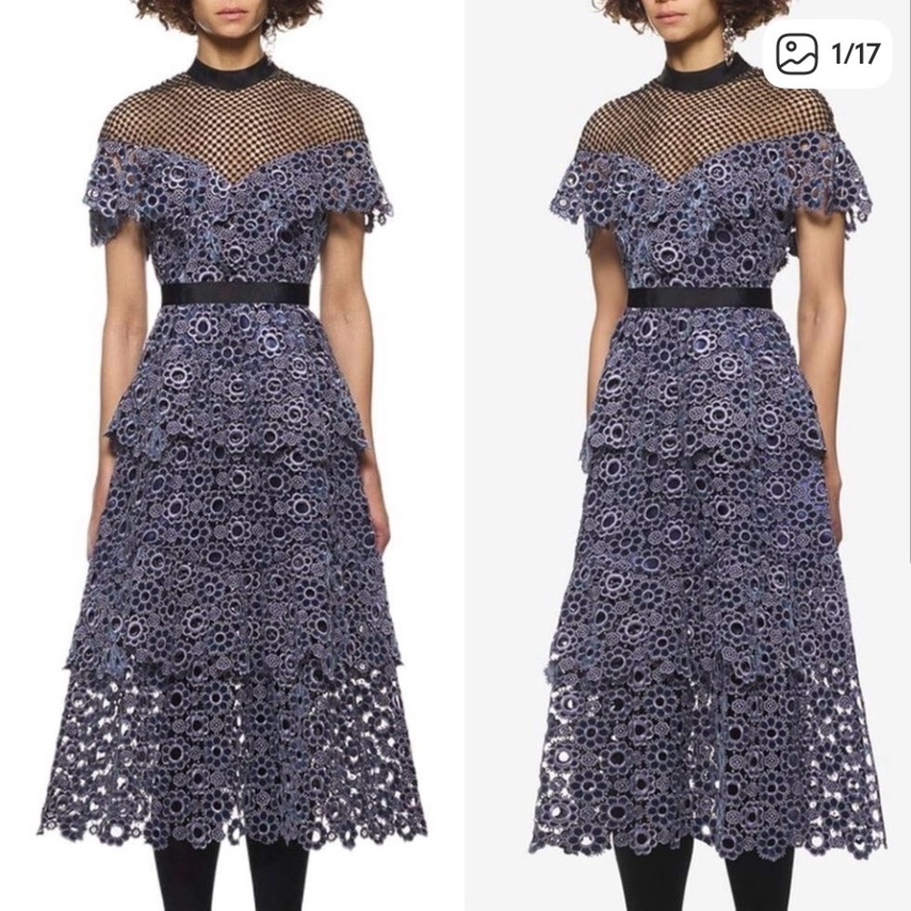 Self-Portrait Black and Purple Lace Midi Dress